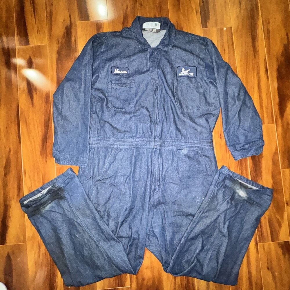 Vintage Michelin Denim Coveralls Berne XL Mason Mechanic Workwear USA Auto Tires